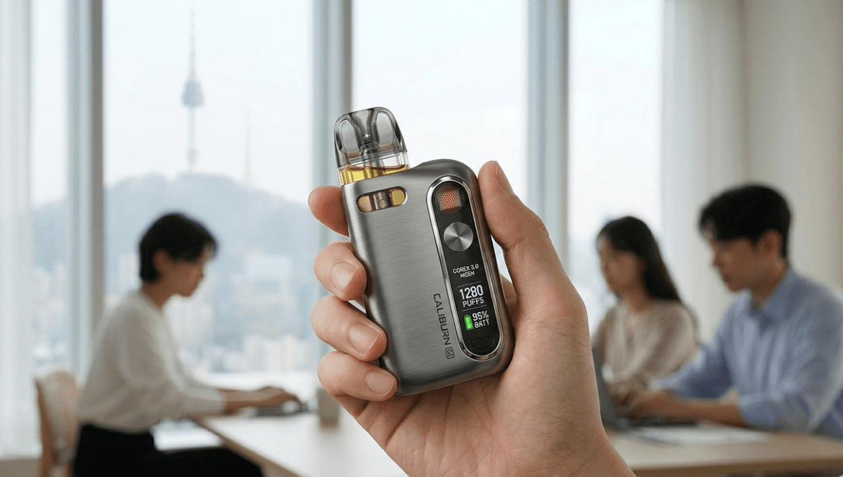 Metallic pod vape device showing ergonomic design and size