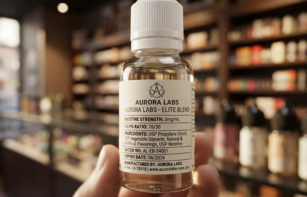 Close-up of an e-liquid bottle label showing nicotine strength and ingredient information