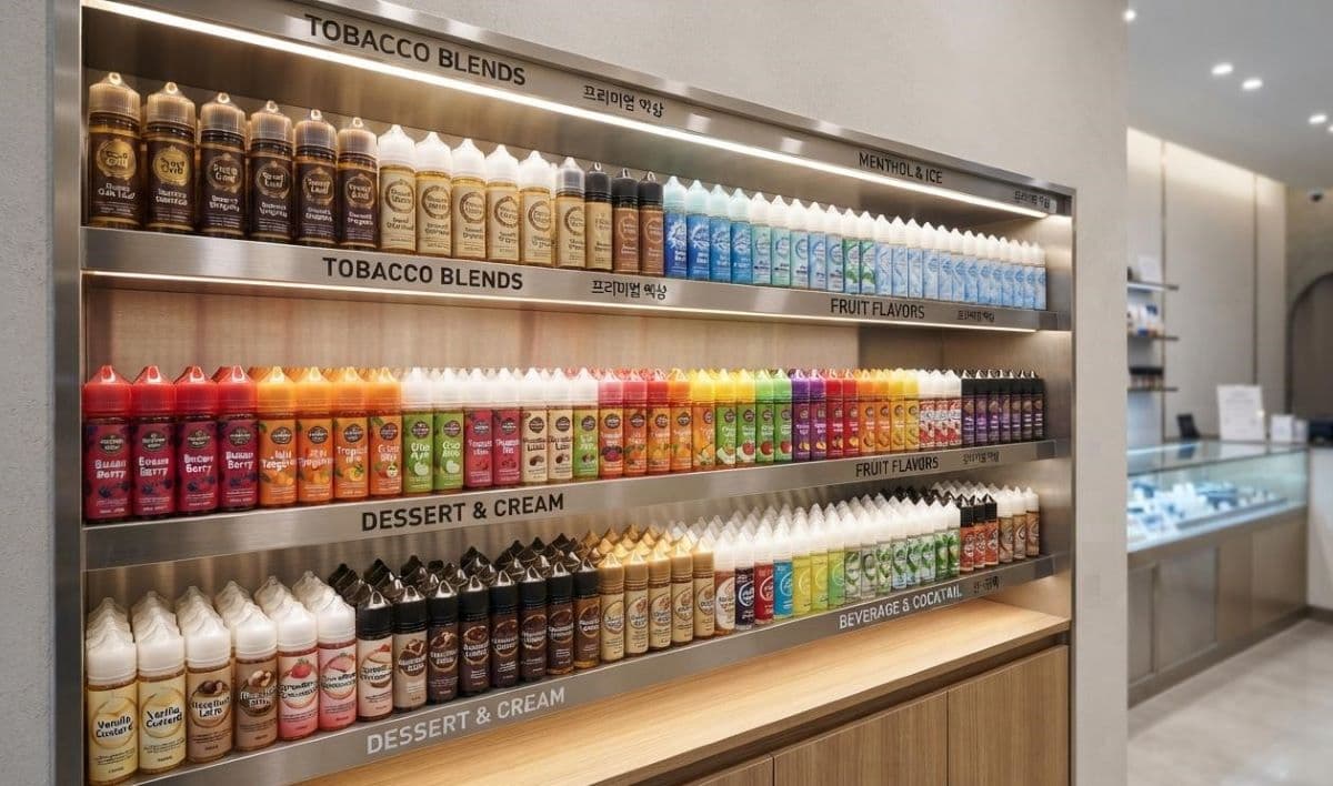 Colorful array of vape flavor bottles arranged on a shelf at a vape shop in Korea
