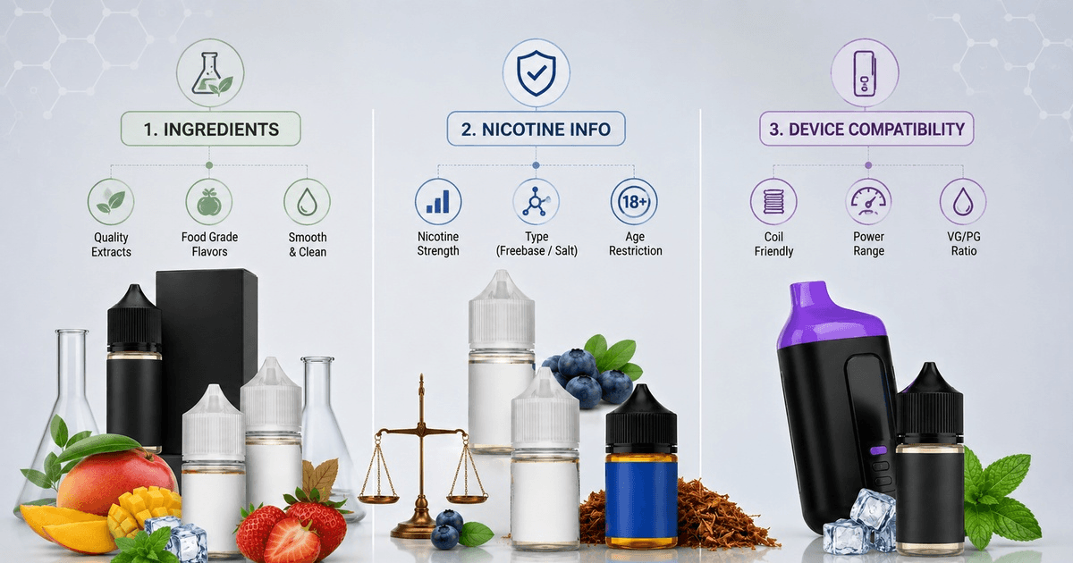 Comparing vape liquid ingredients, nicotine information, and device compatibility