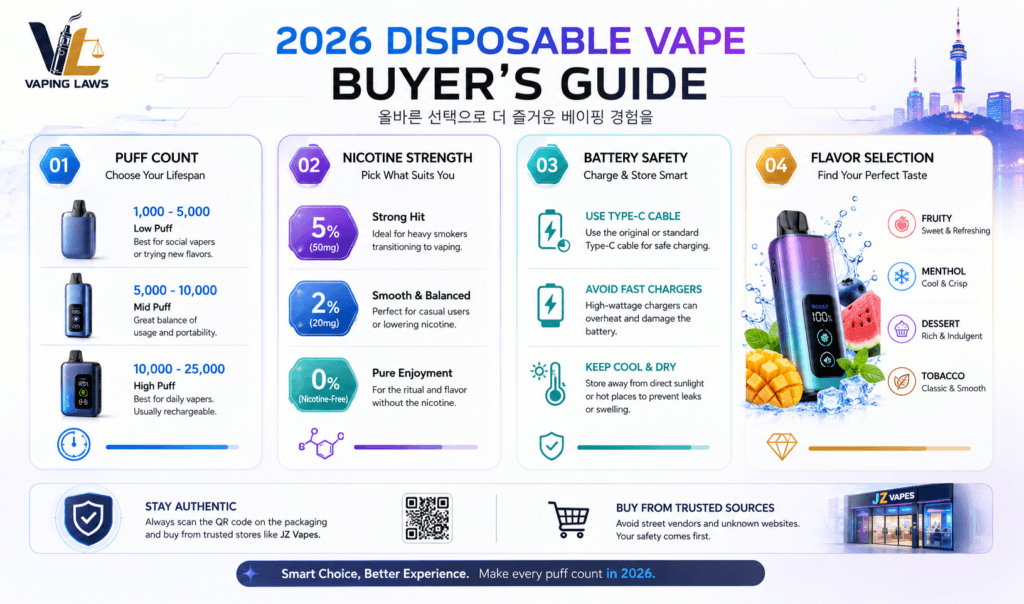 Disposable vape buying guide showing puff count, nicotine strength, and battery safety