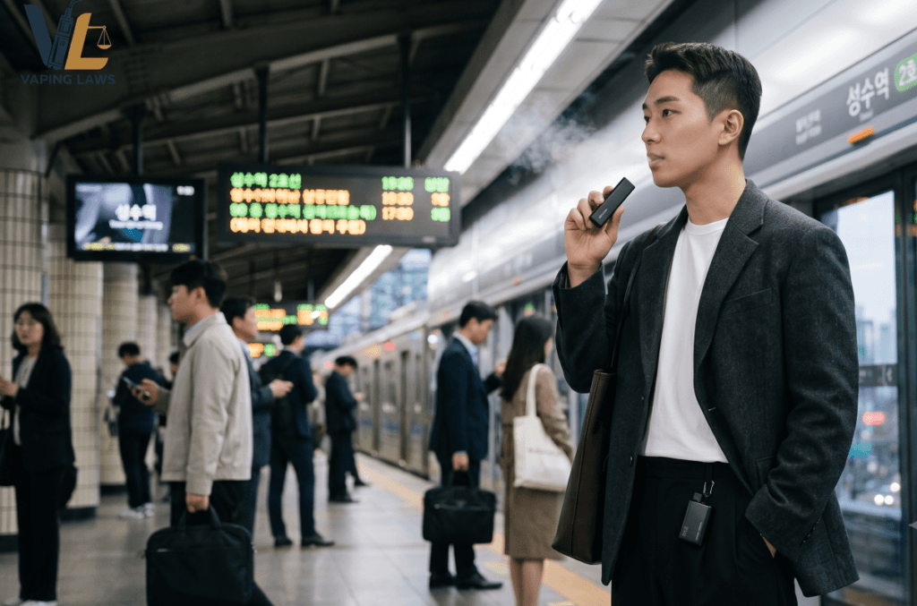 South Korean professionals using disposable vapes during daily city life