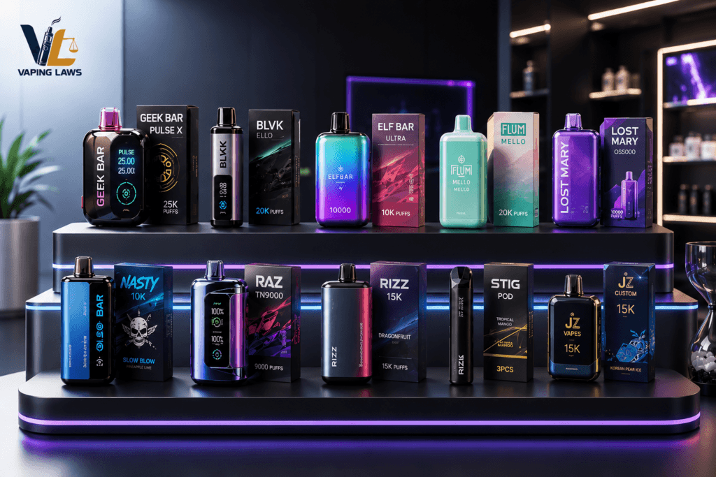 Top disposable vape brands of 2026 displayed in a premium showcase setup