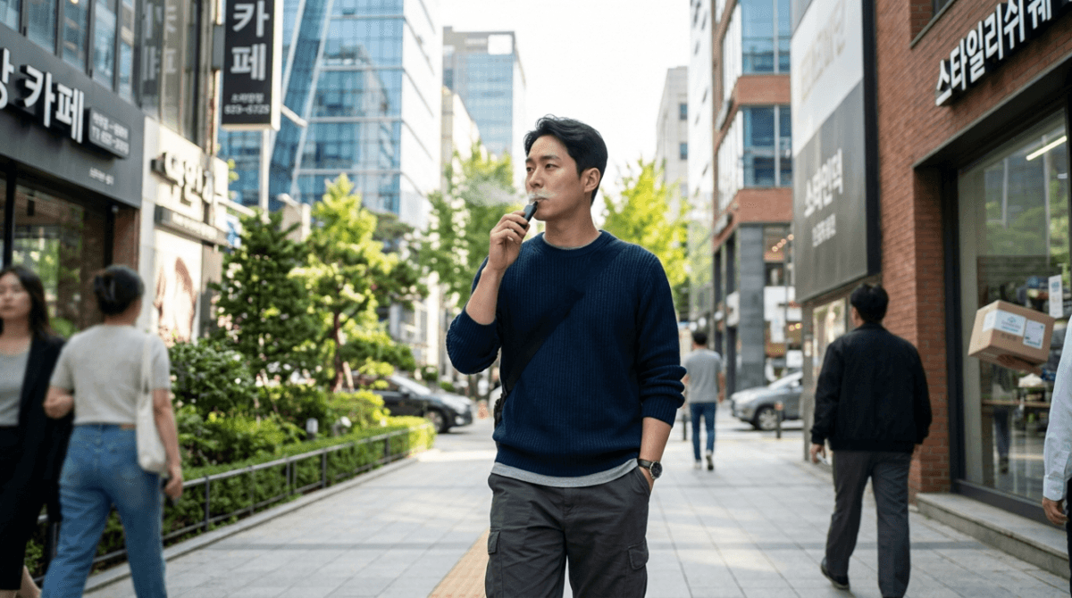 Adult vaper using a disposable vape device outdoors in South Korea