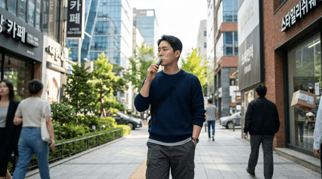 Adult vaper using a disposable vape device outdoors in South Korea