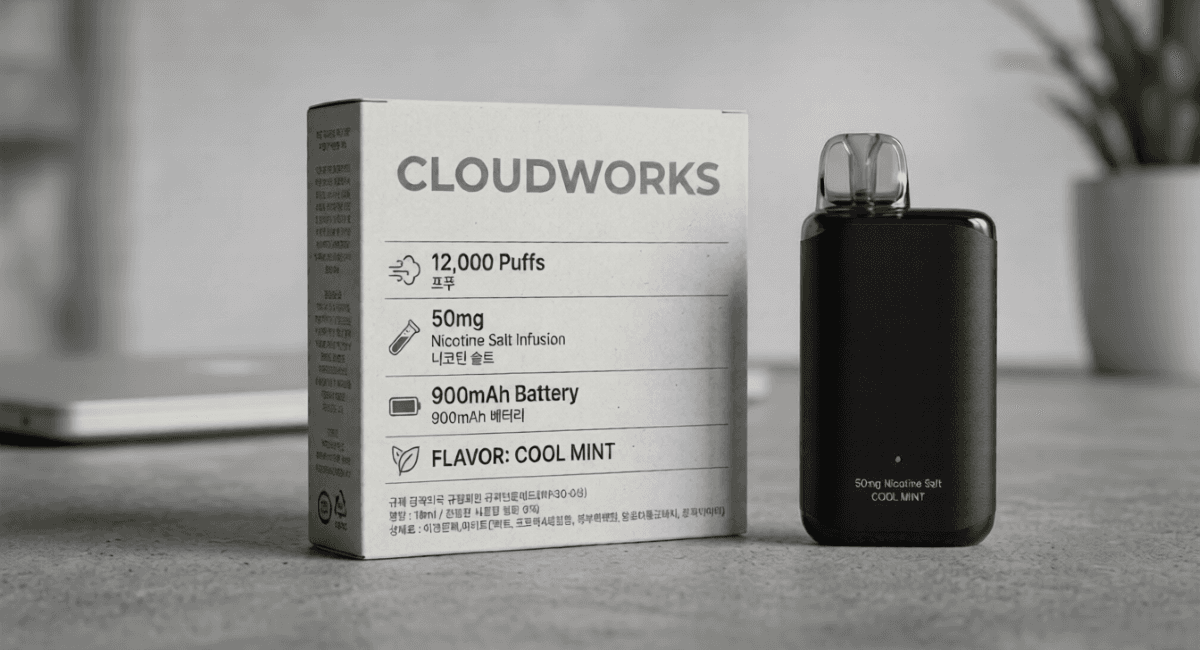 Close-up of disposable vape packaging showing puff count and nicotine level details