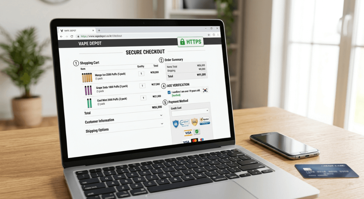 Online checkout screen for ordering disposable vapes from a vape store in Korea