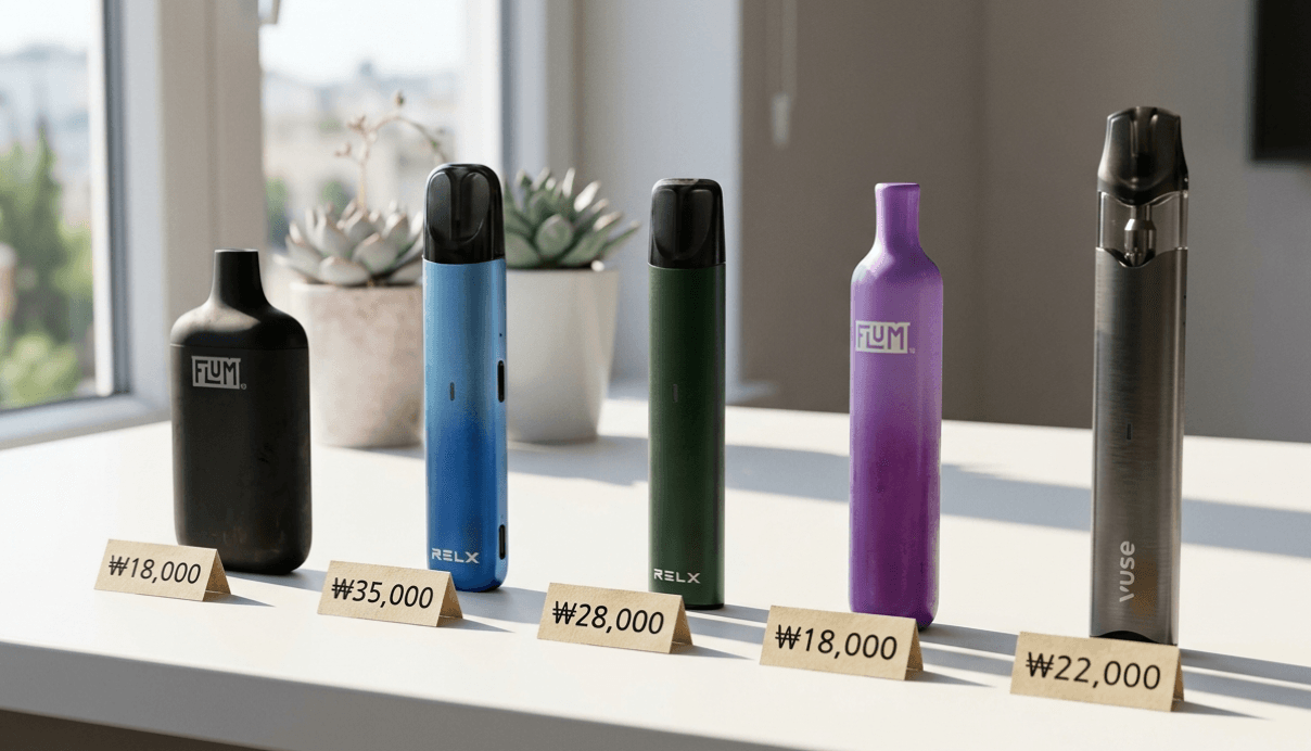 top vape brands ranked South Korea 2026: Geek Bar, Flum, Juul2, VGOD, Blvk, Relx, Vuse, and Alto lineup