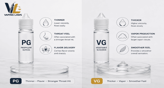 Comparison of PG and VG used in vape liquid, including viscosity, throat feel, flavor delivery and vapor production