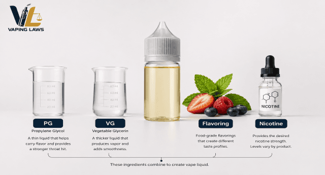 Main ingredients found in vape liquid including PG, VG, flavorings and nicotine