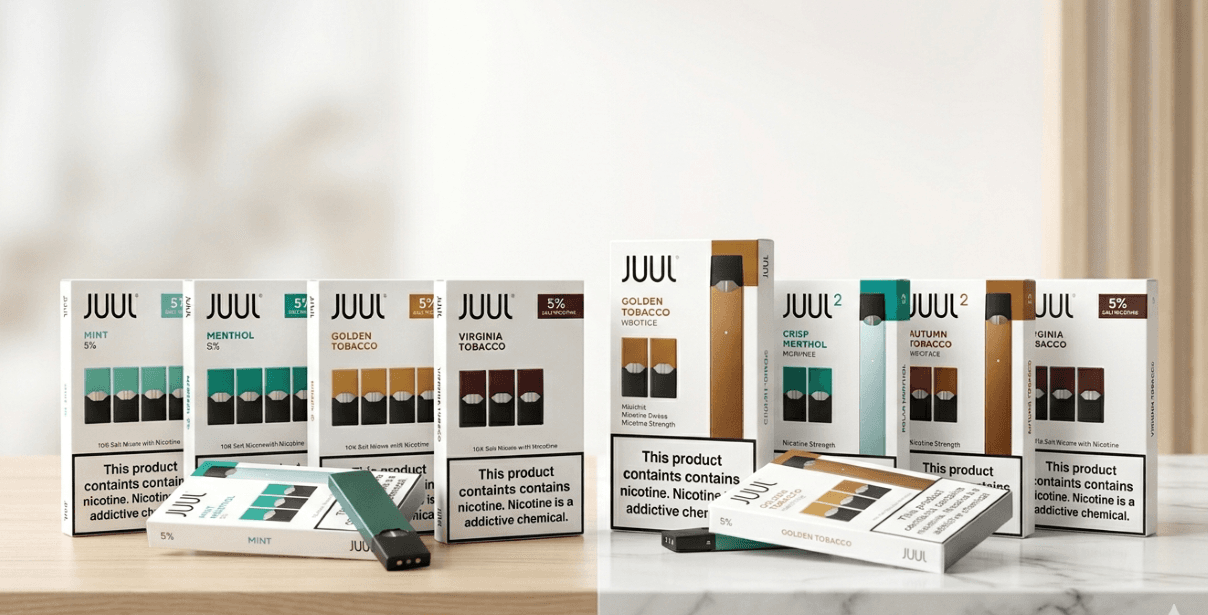 original JUUL pods lineup: South Korea, mint, menthol, golden tobacco, Virginia tobacco. Jzvapes 2026