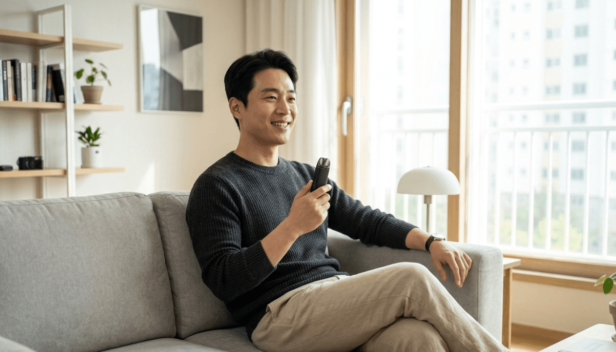 Happy adult vaper using an electronic cigarette device at home in South Korea