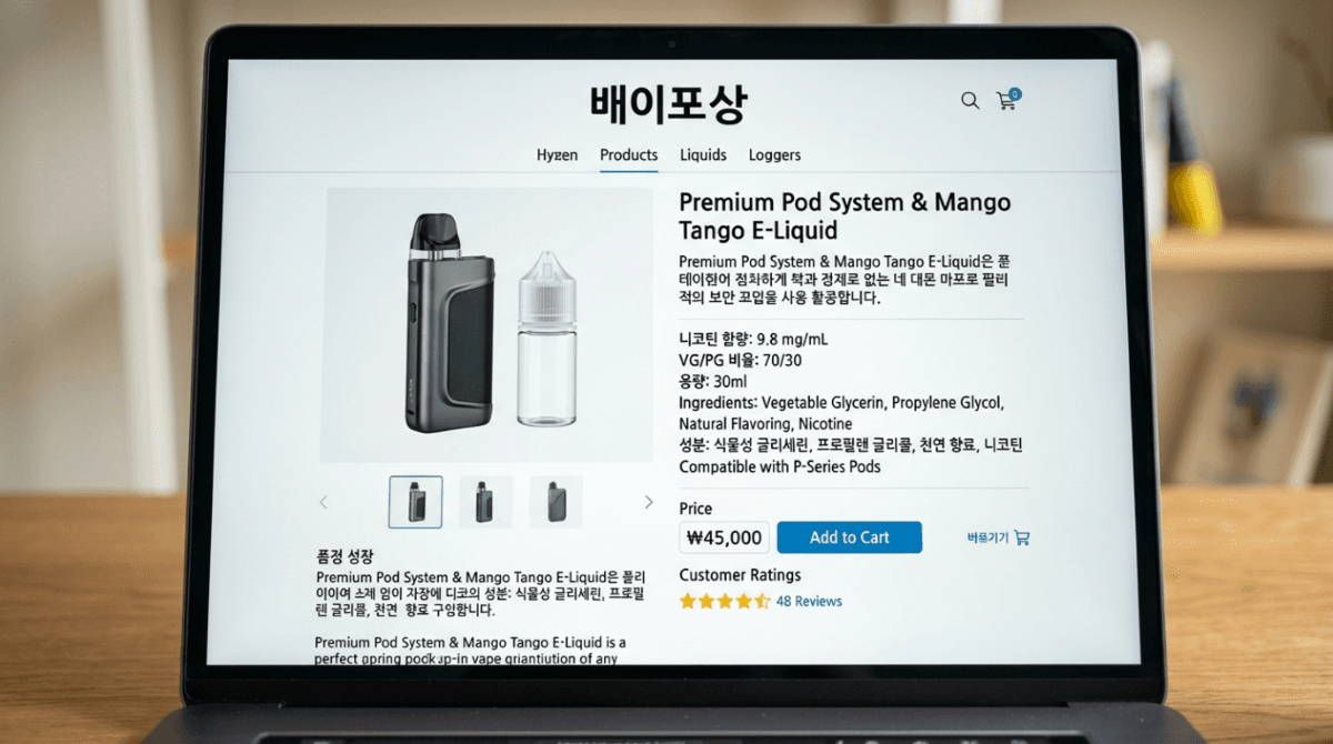 Close-up of an online vape shop product listing showing nicotine strength and ingredient information