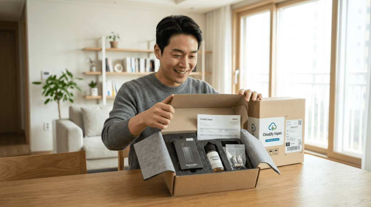 Vape order delivery package being opened at home by an adult buyer in South Korea
