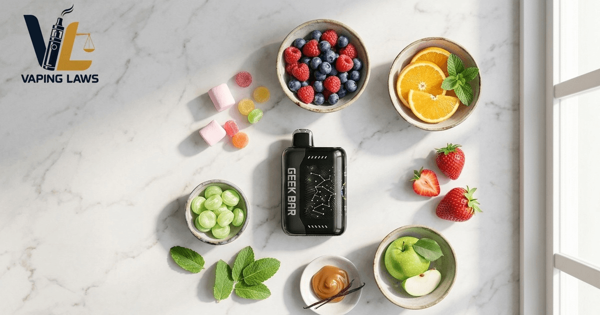 A black vape device surrounded by bowls of fresh fruits, berries, mint leaves, and candies representing different vape flavor profiles.