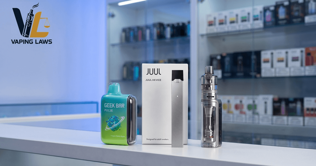 A display setup showing a Geek Bar disposable vape, a JUUL pod system device package, and an advanced vape kit side-by-side on a counter.
