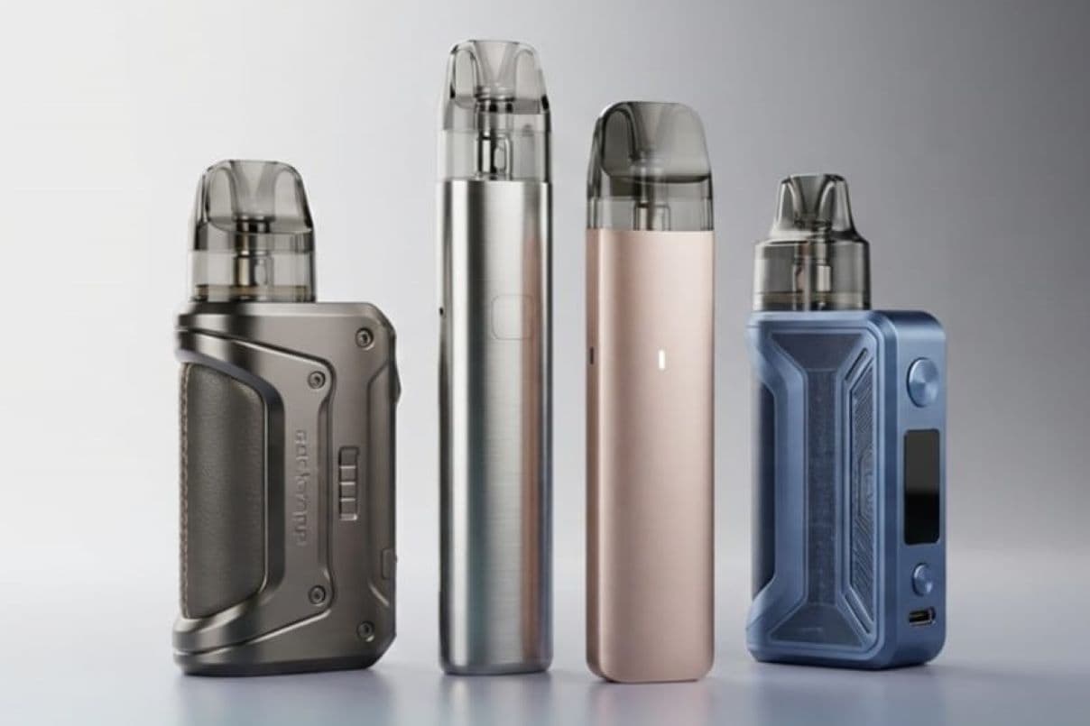 A premium display of the GeekVape device range including a rugged Aegis pod mod, a sleek Wenax kit, and a compact Sonder pod system.