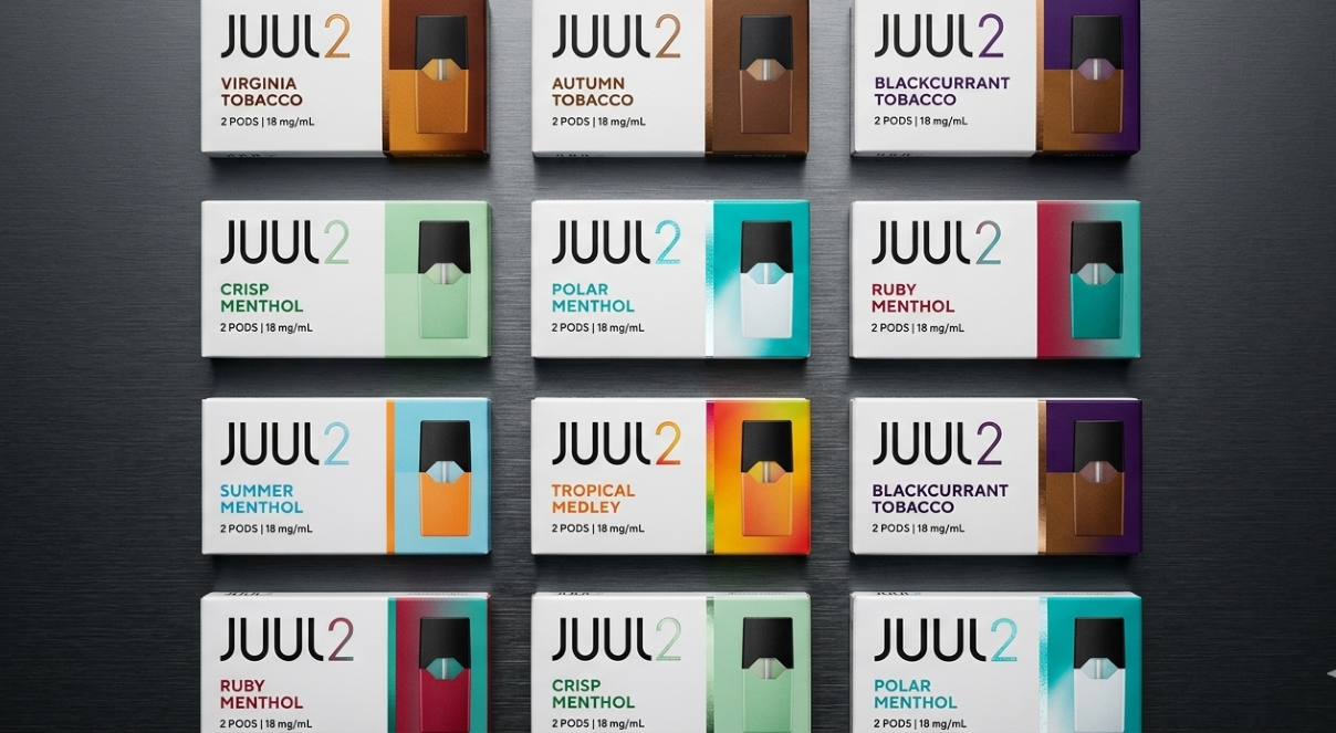 The full JUUL2 pod line-up — 18 mg/mL nicotine, 1.2 mL capacity, 200+ puffs per pod.