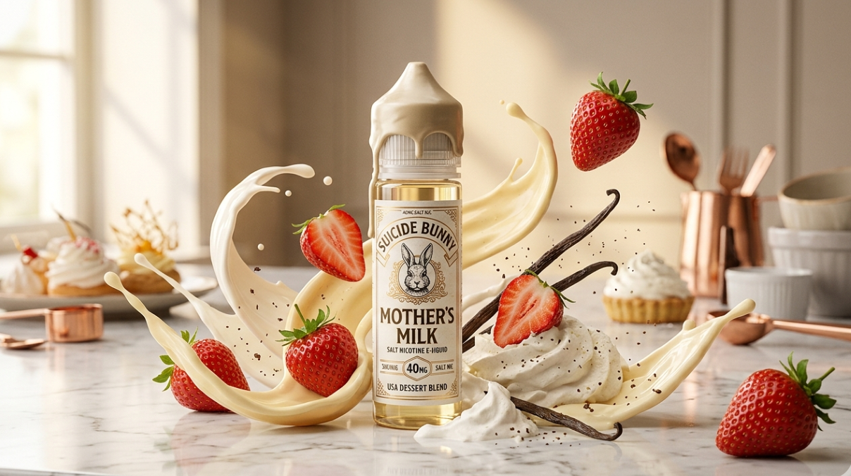 Suicide Bunny Mother's Milk — the crown jewel of dessert vaping, layered vanilla custard with a sweet strawberry exhale.