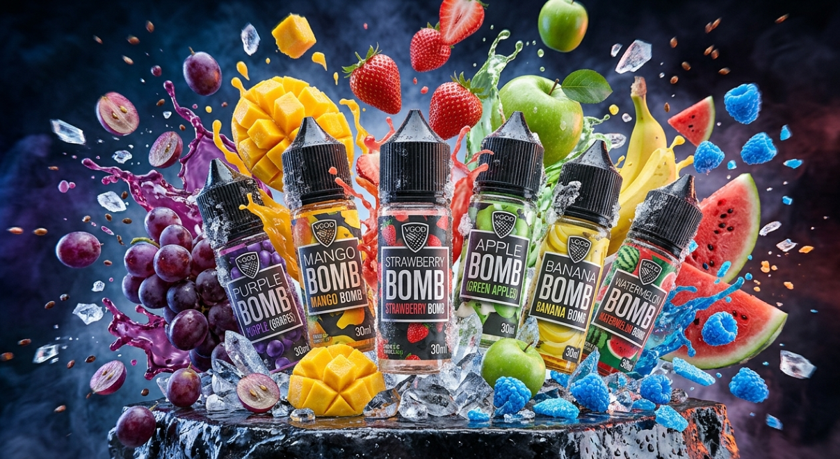The famous VGOD Bomb candy line — explosive sugary fruit-belt extractions with icy and non-iced variants.
