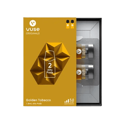 Soft warm tobacco mood 밝은 골든 톤으로 표현된 Vuse Alto Golden Tobacco 포드 패키지 이미지.