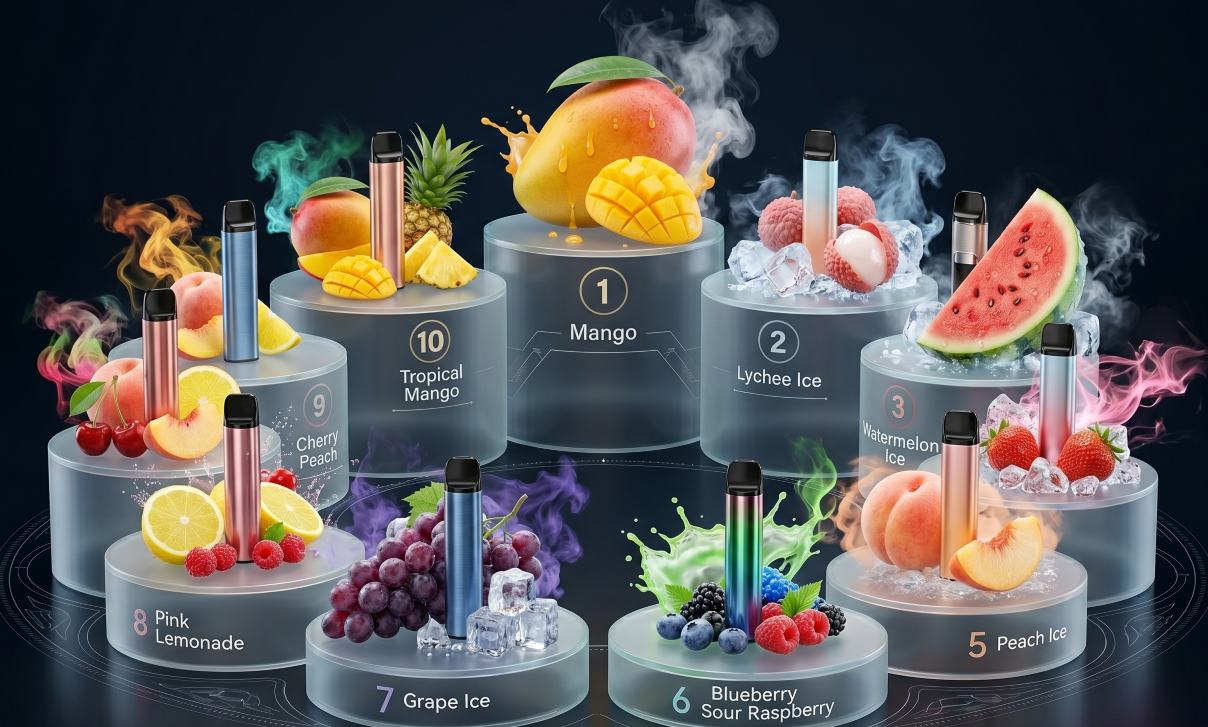 top 10 fruit vape flavors ranked 2026: South Korea, mango, lychee, watermelon, strawberry, peach, grape.